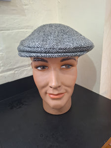 Hanna Hats of Donegal - Vintage Flat Cap - Irish Plain Wool Tweed - #C001L Herringbone Grey Black