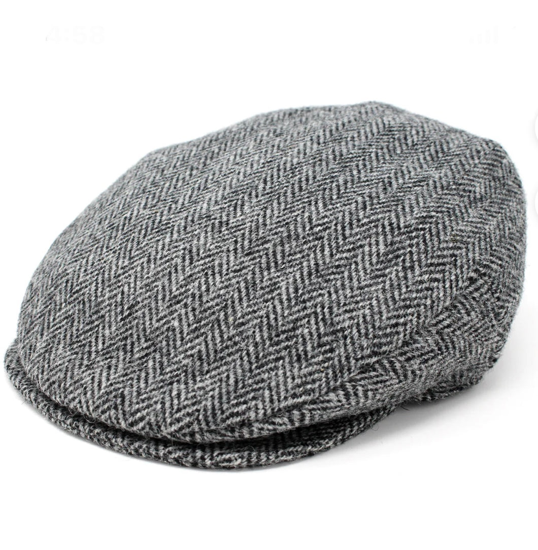 Hanna Hats of Donegal - Vintage Flat Cap - Handwoven Wool Tweed - Herringbone - Grey Black