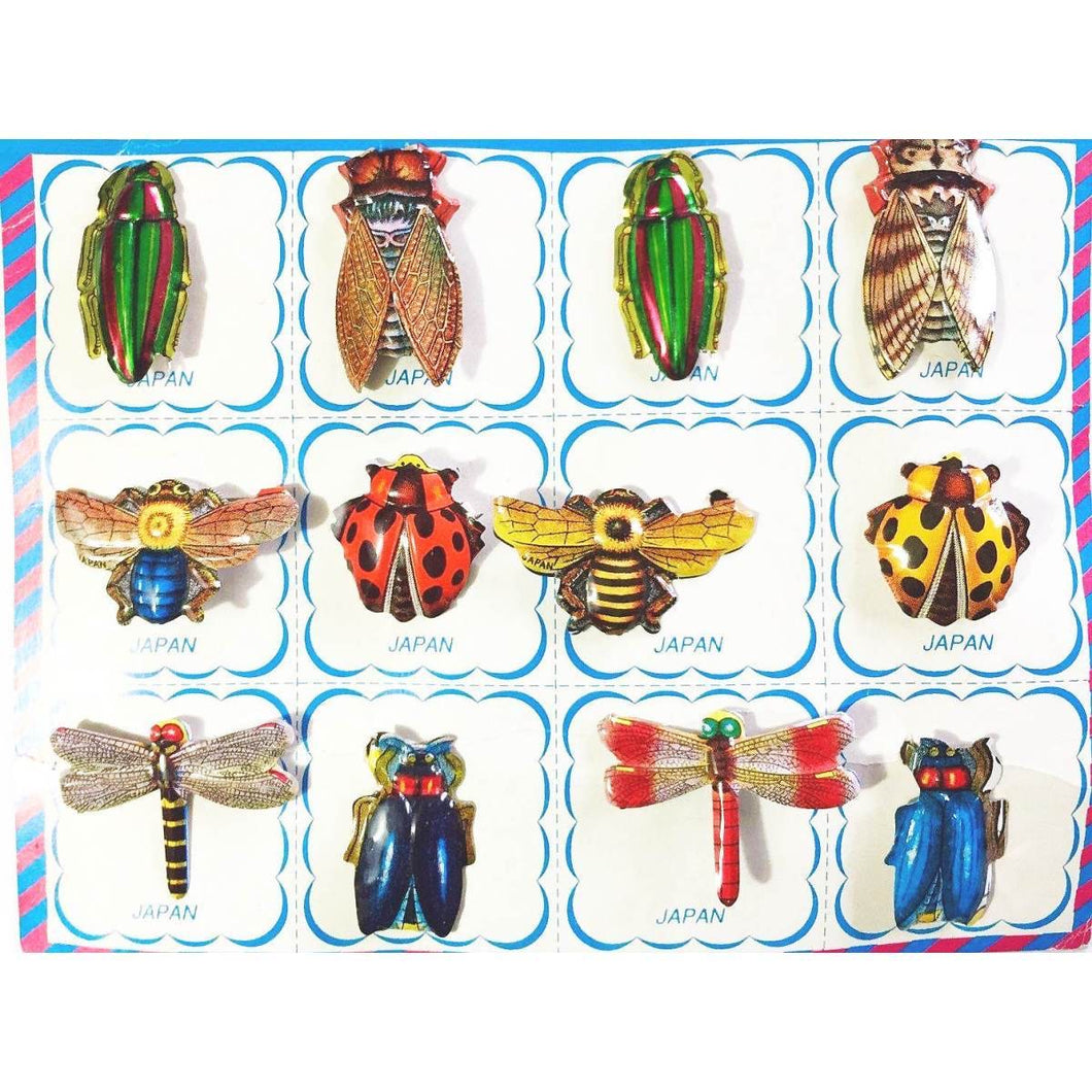 Tin Brooch - Badge - Made in Japan - Set of 12- Insects and Beetles